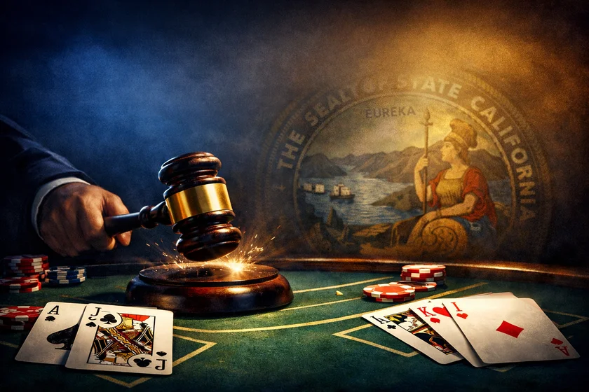 A judge's gavel striking a blackjack table surface with playing cards, symbolizing the California court injunction blocking the DOJ blackjack ban at cardrooms.