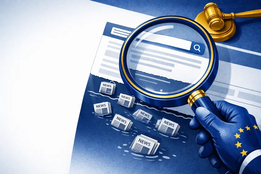 EU regulatory gavel and magnifying glass examining a search results page where news publisher content is being demoted.